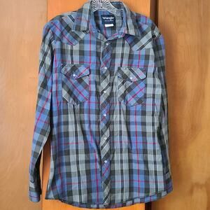 Mens Wrangler Pearl Snap Down Plaid Western LS Shirt Medium Cowboy